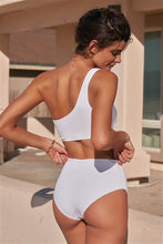 Load image into Gallery viewer, White One-Shoulder Top & High-Waisted Lace-Up Front Bikini Bottom Swimsuit - FabBossBabe