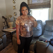 Load image into Gallery viewer, Plus Size Rose Gold Short Sleeve Sequin Top - FabBossBabe