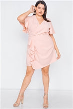 Load image into Gallery viewer, Plus Size Short Kimono Sleeve Satin V-Neck Mini Dress - FabBossBabe