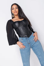 Load image into Gallery viewer, Black PU Corset Detail Top With Sheer Sleeves - FabBossBabe