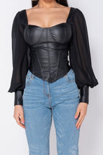 Load image into Gallery viewer, Black PU Corset Detail Top With Sheer Sleeves - FabBossBabe