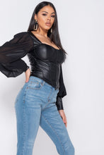 Load image into Gallery viewer, Black PU Corset Detail Top With Sheer Sleeves - FabBossBabe