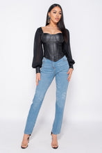Load image into Gallery viewer, Black PU Corset Detail Top With Sheer Sleeves - FabBossBabe