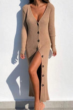 Load image into Gallery viewer, Camel Rib Knit V Neck Button Up Midi Cardigan Dress - FabBossBabe