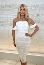Load image into Gallery viewer, Off White Slinky Ruched Off The Shoulder Midi Dress - FabBossBabe