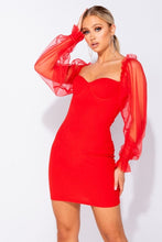 Load image into Gallery viewer, Barbie Red Sheer Sleeve Bustier Detail Bodycon Mini Dress - FabBossBabe