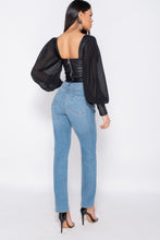 Load image into Gallery viewer, Black PU Corset Detail Top With Sheer Sleeves - FabBossBabe

